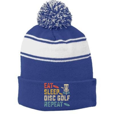 Frisbee Golf Vintage Eat Sleep Disc Golf Repeat Stripe Pom Pom Beanie