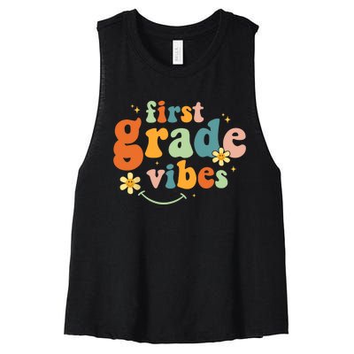 First Grade Vibes 1st Grade Team Retro 1st Day Of School Women's Racerback Cropped Tank