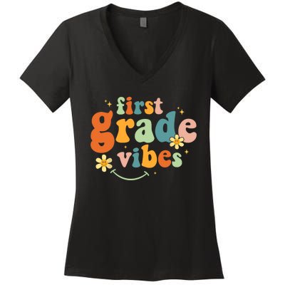 First Grade Vibes 1st Grade Team Retro 1st Day Of School Women's V-Neck T-Shirt