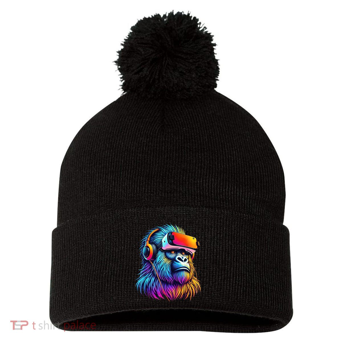 Funny Gorilla Vr Playing Tag Gorilla Vr Gamer Pom Pom 12in Knit Beanie