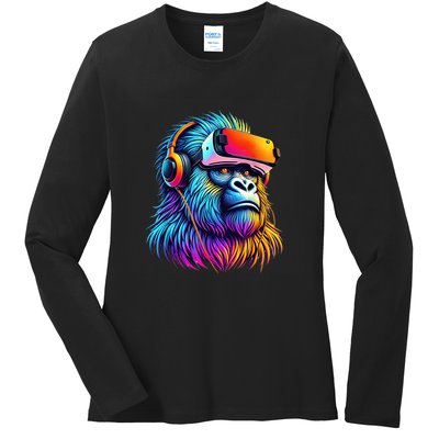 Funny Gorilla Vr Playing Tag Gorilla Vr Gamer Ladies Long Sleeve Shirt