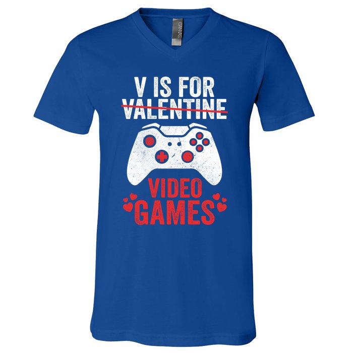 Funny Gamer V Is For Video Games Valentines Day Gift V-Neck T-Shirt