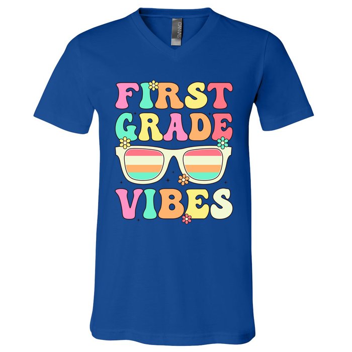 First Grade Vibes Retro Sunglasses Back To School Cool Gift V-Neck T-Shirt