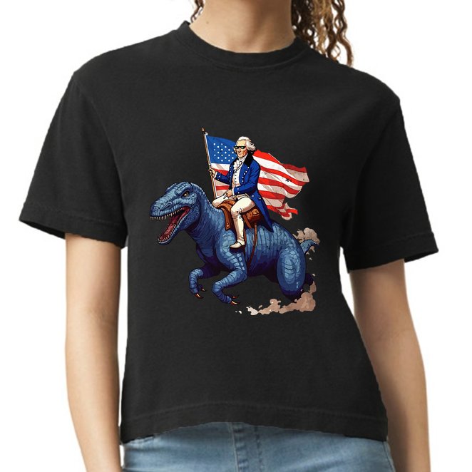 Funny George Washington Riding A Tyrannosaurus Rex Patriotic Comfort Colors Boxy T-Shirt