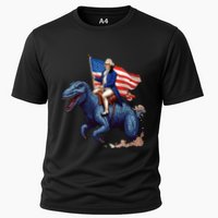 Funny George Washington Riding A Tyrannosaurus Rex Patriotic Cooling Performance Crew T-Shirt