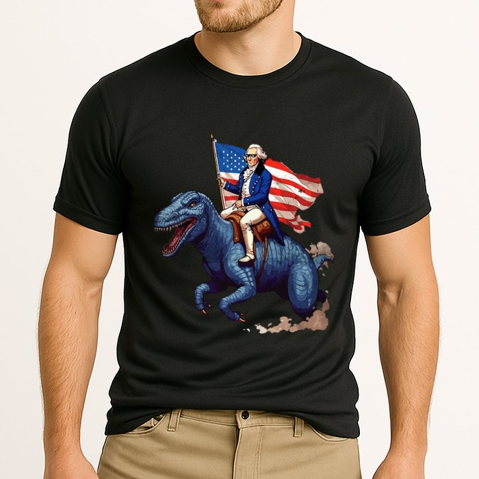 Funny George Washington Riding A Tyrannosaurus Rex Patriotic Cooling Performance Crew T-Shirt