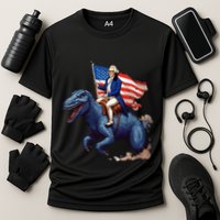 Funny George Washington Riding A Tyrannosaurus Rex Patriotic Cooling Performance Crew T-Shirt