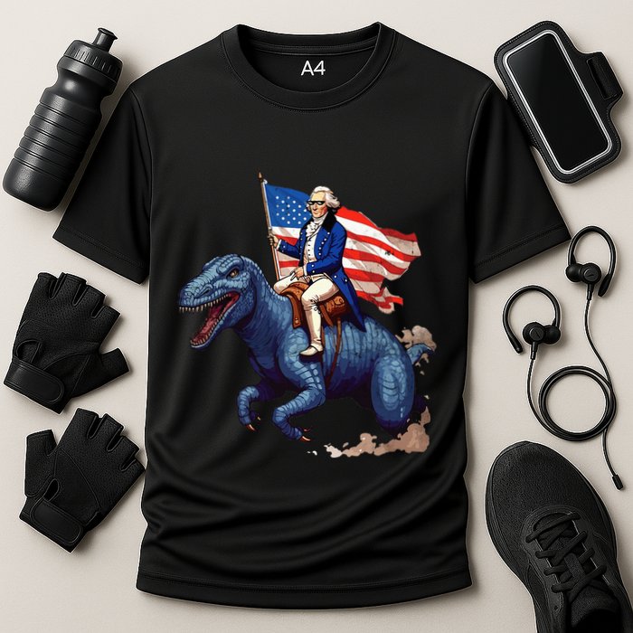 Funny George Washington Riding A Tyrannosaurus Rex Patriotic Cooling Performance Crew T-Shirt