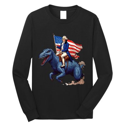 Funny George Washington Riding A Tyrannosaurus Rex Patriotic Long Sleeve Shirt