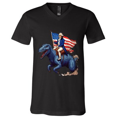 Funny George Washington Riding A Tyrannosaurus Rex Patriotic V-Neck T-Shirt