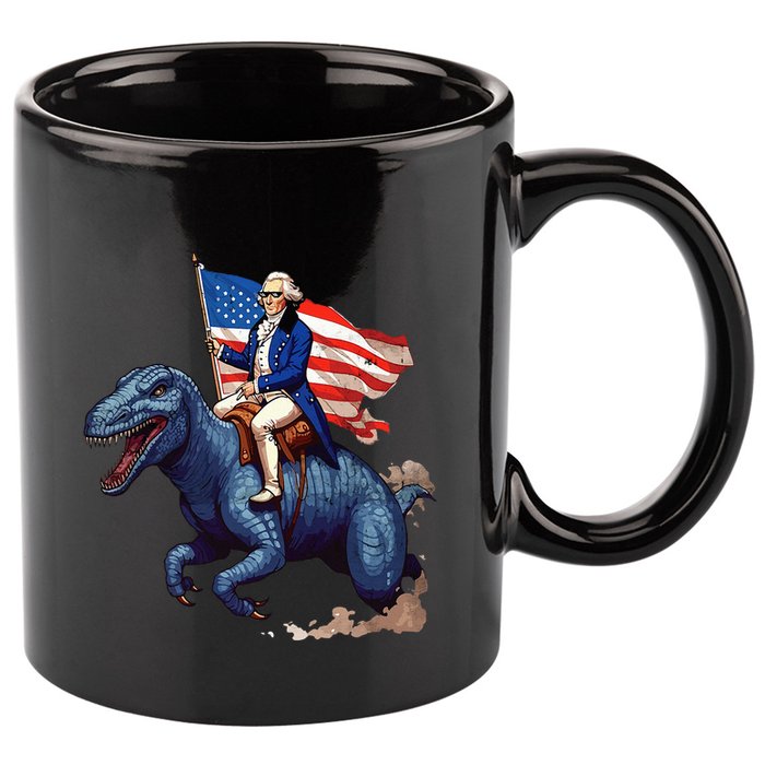Funny George Washington Riding A Tyrannosaurus Rex Patriotic 11oz C Handle Ceramic Mug