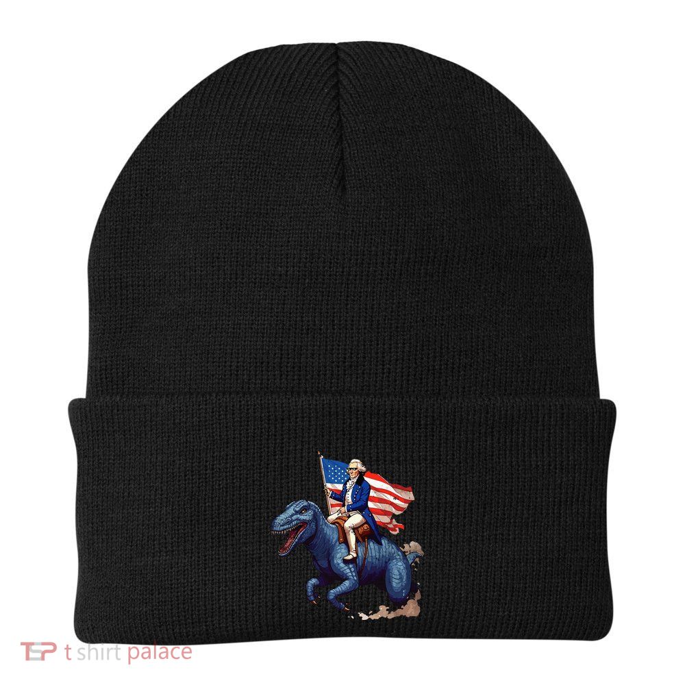 Funny George Washington Riding A Tyrannosaurus Rex Patriotic Beanie
