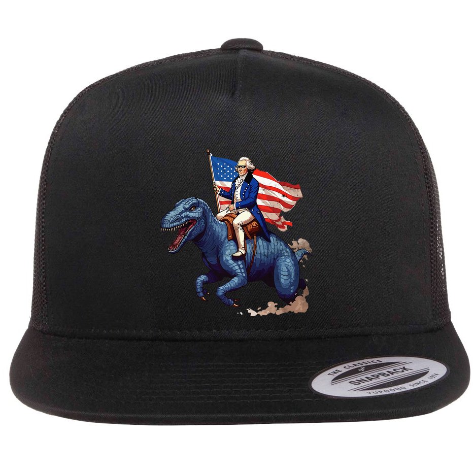 Funny George Washington Riding A Tyrannosaurus Rex Patriotic Flat Bill Trucker Hat