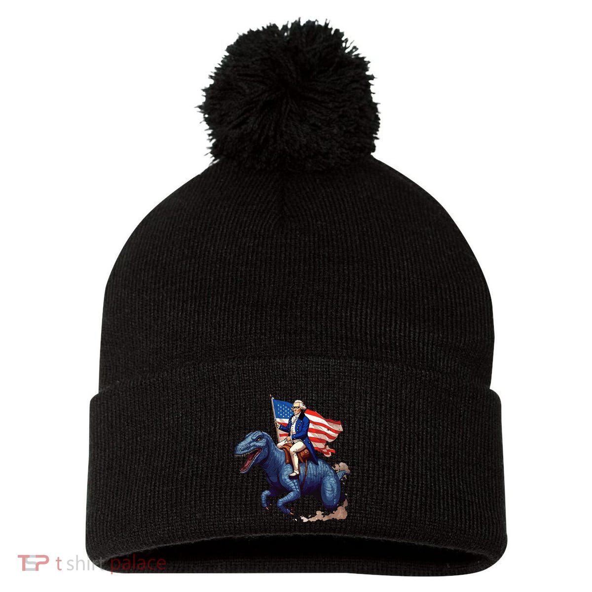 Funny George Washington Riding A Tyrannosaurus Rex Patriotic Pom Pom 12in Knit Beanie