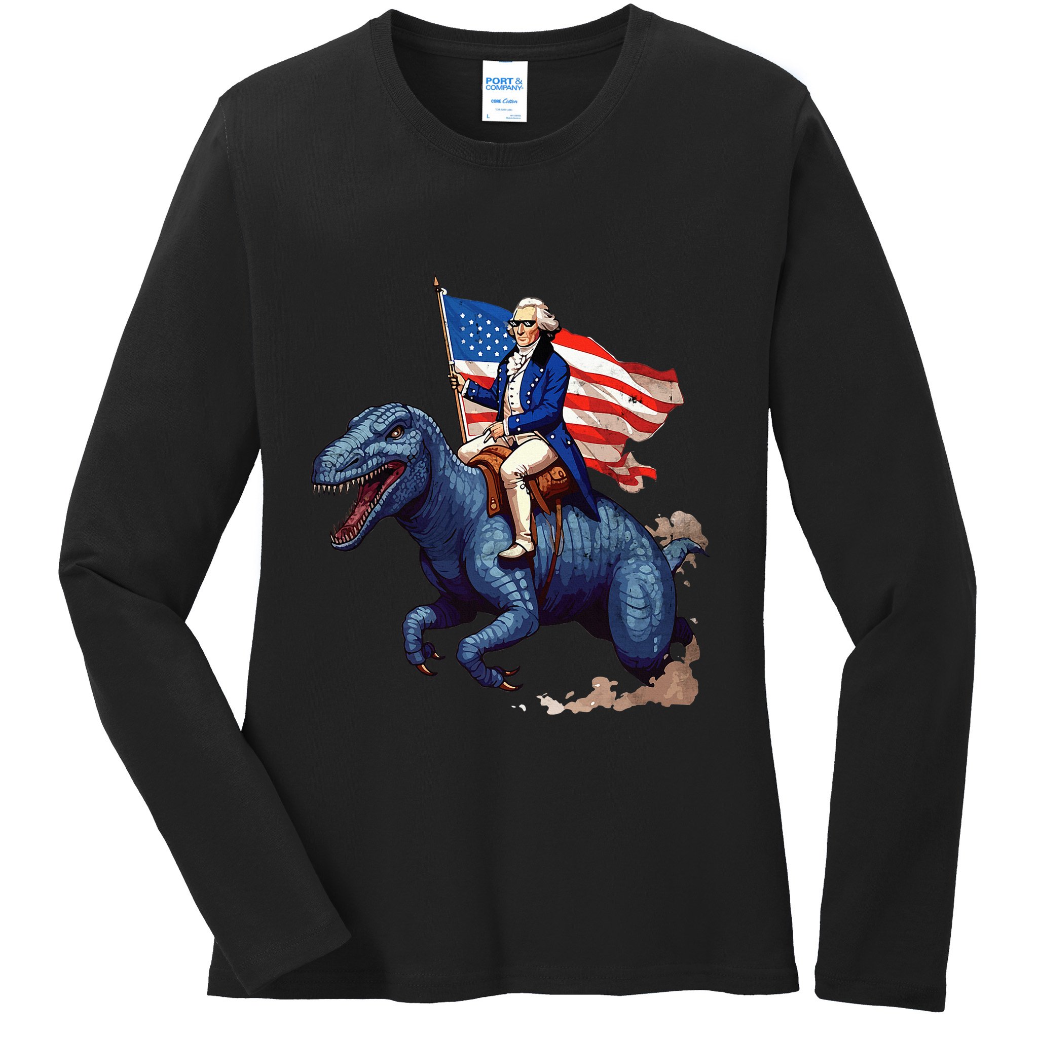 Funny George Washington Riding A Tyrannosaurus Rex Patriotic Ladies Long Sleeve Shirt