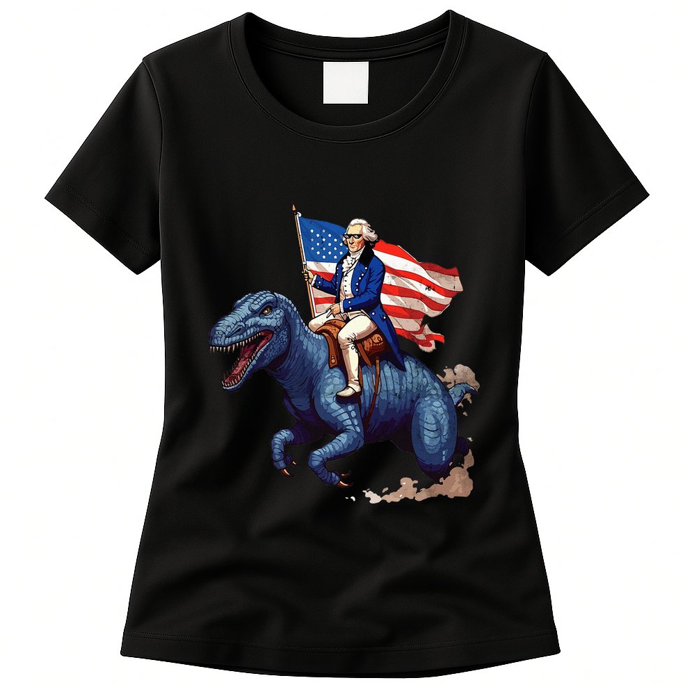 Funny George Washington Riding A Tyrannosaurus Rex Patriotic Womens T-Shirt
