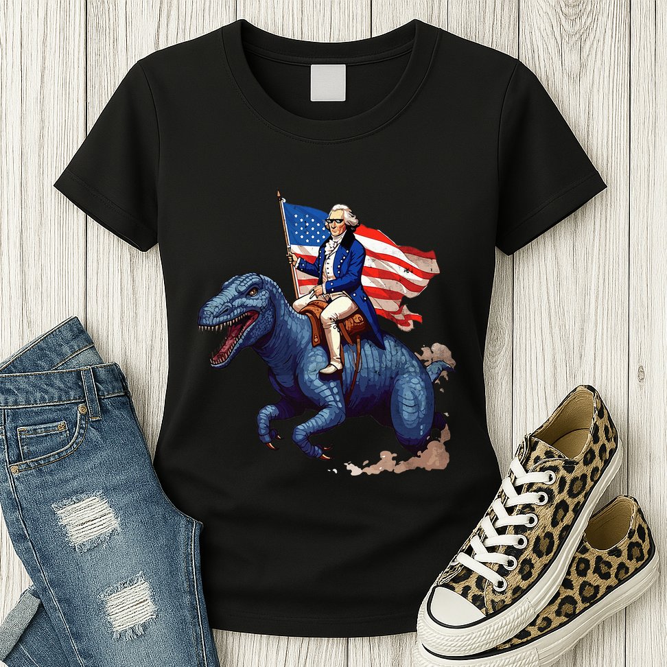 Funny George Washington Riding A Tyrannosaurus Rex Patriotic Womens T-Shirt