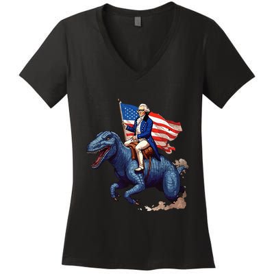 Funny George Washington Riding A Tyrannosaurus Rex Patriotic Women's V-Neck T-Shirt