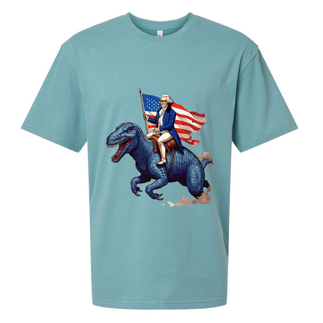 Funny George Washington Riding A Tyrannosaurus Rex Patriotic Sueded Cloud Jersey T-Shirt