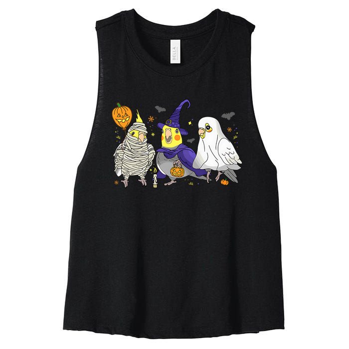 Funny Ghost Witch Cockatiels Halloween Cockatiels Lover Women's Racerback Cropped Tank