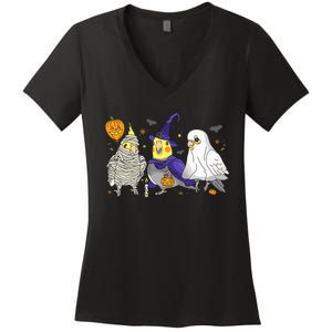 Funny Ghost Witch Cockatiels Halloween Cockatiels Lover Women's V-Neck T-Shirt