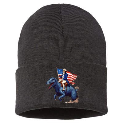 Funny George Washington Riding a Tyrannosaurus Rex patriotic Sustainable Knit Beanie