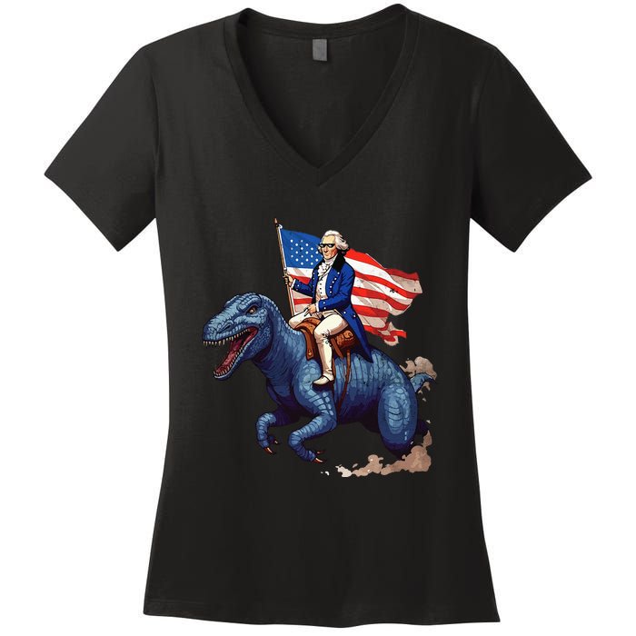 Funny George Washington Riding a Tyrannosaurus Rex patriotic Women's V-Neck T-Shirt