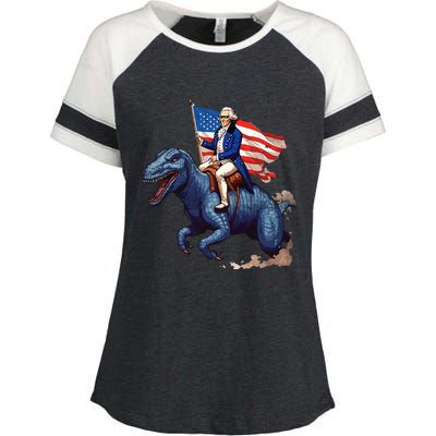 Funny George Washington Riding a Tyrannosaurus Rex patriotic Enza Ladies Jersey Colorblock Tee