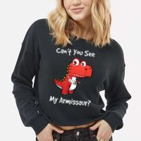 Funny Get Well Broken Arm Dinosaur With A Cast Cropped Pullover Crew