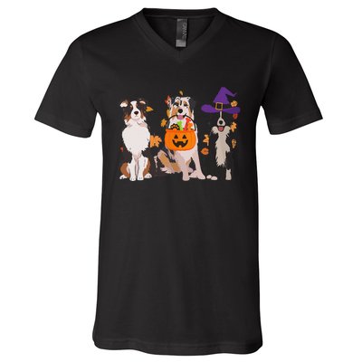 Funny Ghost Witch Australian Shepherd Halloween Dog Mom Gift V-Neck T-Shirt