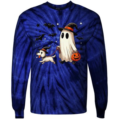 Funny Ghost Walking Dog Spooky Season Halloween Coquette Gift Tie-Dye Long Sleeve Shirt