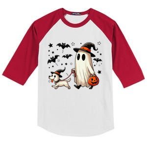 Funny Ghost Walking Dog Spooky Season Halloween Coquette Gift Kids Colorblock Raglan Jersey