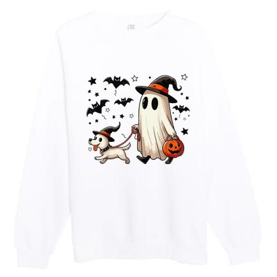 Funny Ghost Walking Dog Spooky Season Halloween Coquette Gift Premium Crewneck Sweatshirt