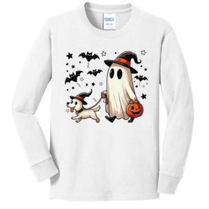 Funny Ghost Walking Dog Spooky Season Halloween Coquette Gift Kids Long Sleeve Shirt