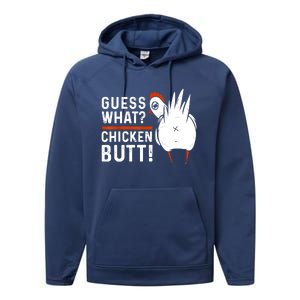 Funny Guess What Chicken Butt! White Design Performance Fleece Hoodie