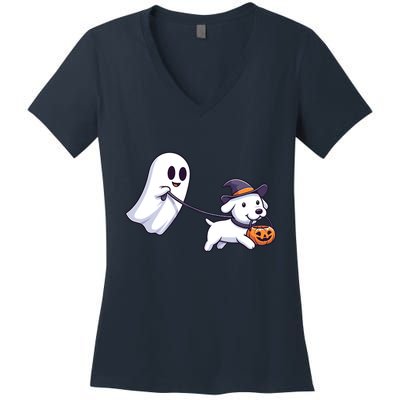 Funny Ghost Walking Dog Ghost Dog Halloween Night Women's V-Neck T-Shirt