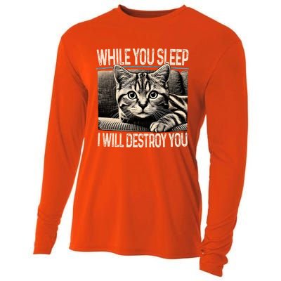 Funny Graphic While You Sleep I Will Destroy You Cat Cooling Performance Long Sleeve Crew