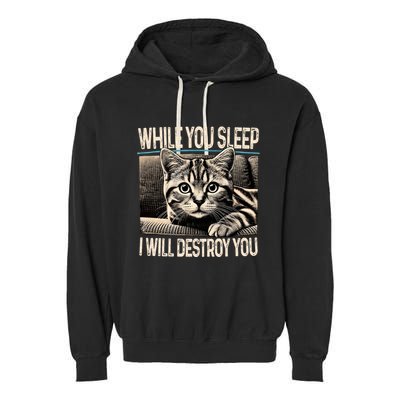 Funny Graphic While You Sleep I Will Destroy You Cat Garment-Dyed Fleece Hoodie