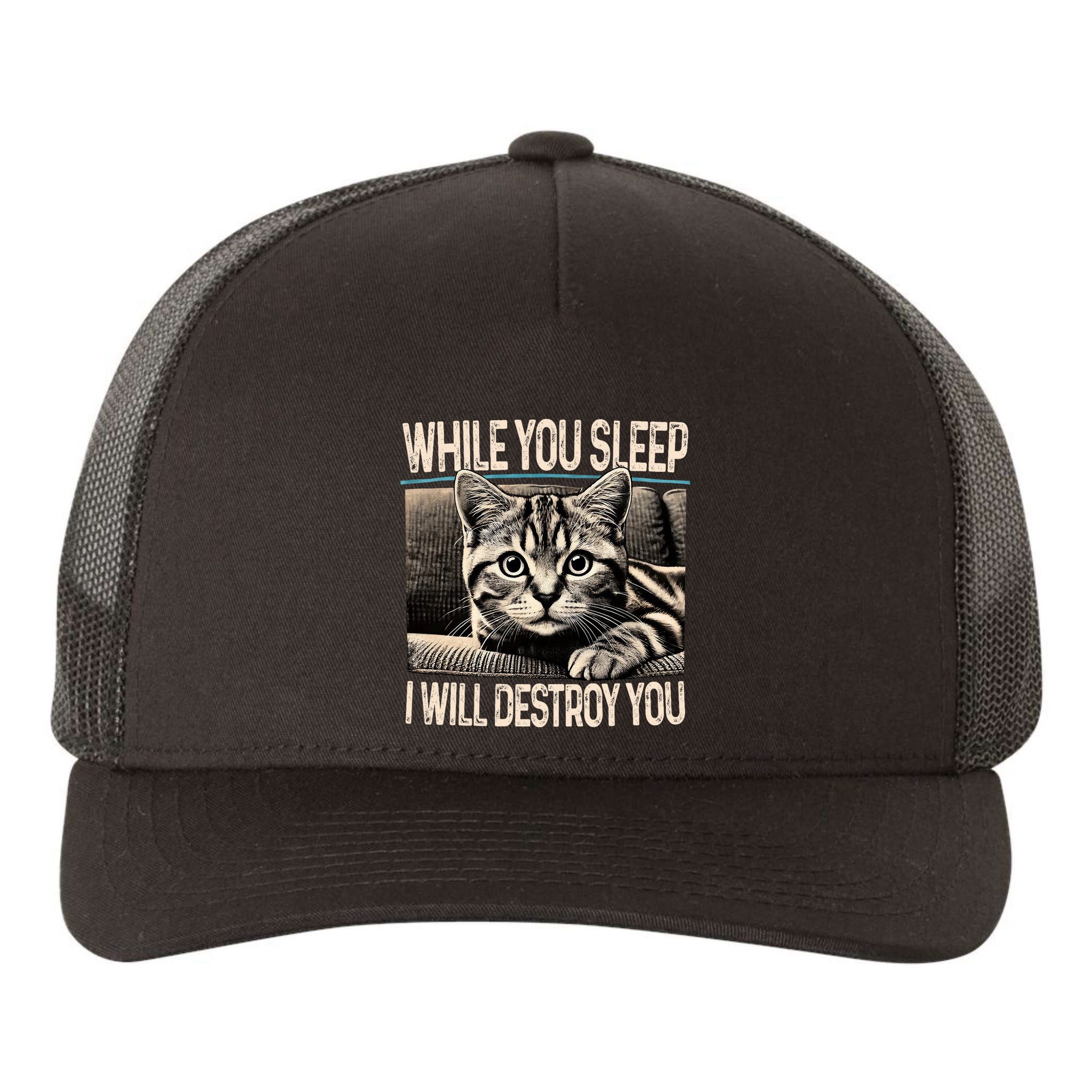 Funny Graphic While You Sleep I Will Destroy You Cat Yupoong Adult 5-Panel Trucker Hat
