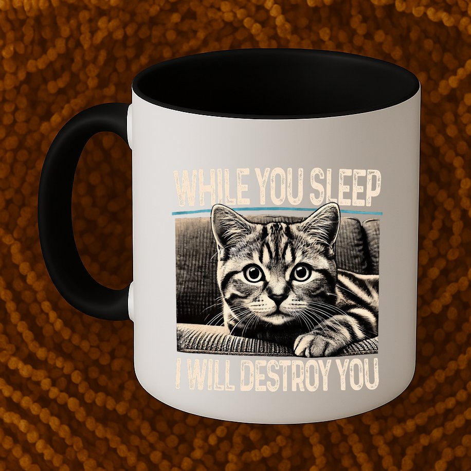 Funny Graphic While You Sleep I Will Destroy You Cat Mug