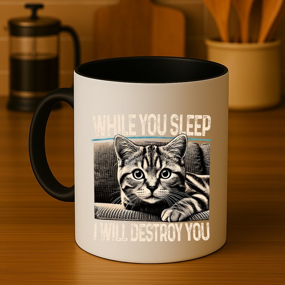Funny Graphic While You Sleep I Will Destroy You Cat Mug