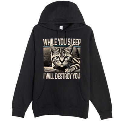 Funny Graphic While You Sleep I Will Destroy You Cat Premium Pullover Hoodie