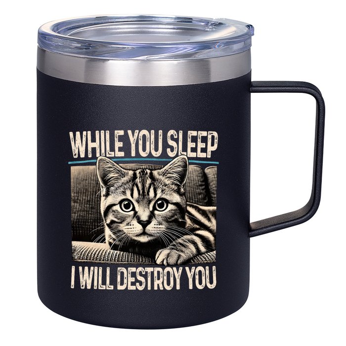 Funny Graphic While You Sleep I Will Destroy You Cat 12oz Stainless Steel Coffee Mug