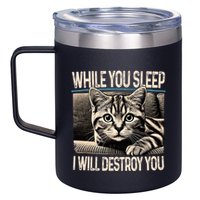 Funny Graphic While You Sleep I Will Destroy You Cat 12oz Stainless Steel Coffee Mug