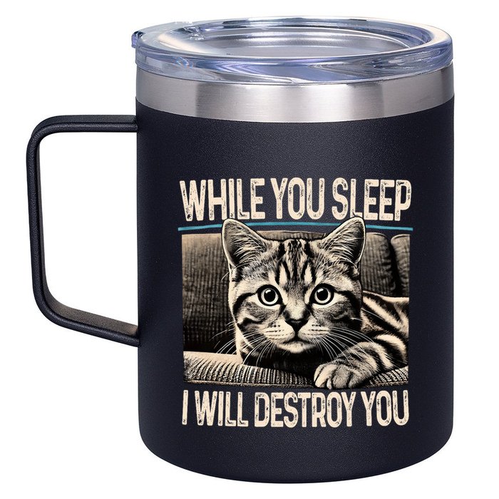 Funny Graphic While You Sleep I Will Destroy You Cat 12oz Stainless Steel Coffee Mug