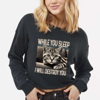 Funny Graphic While You Sleep I Will Destroy You Cat Cropped Pullover Crew