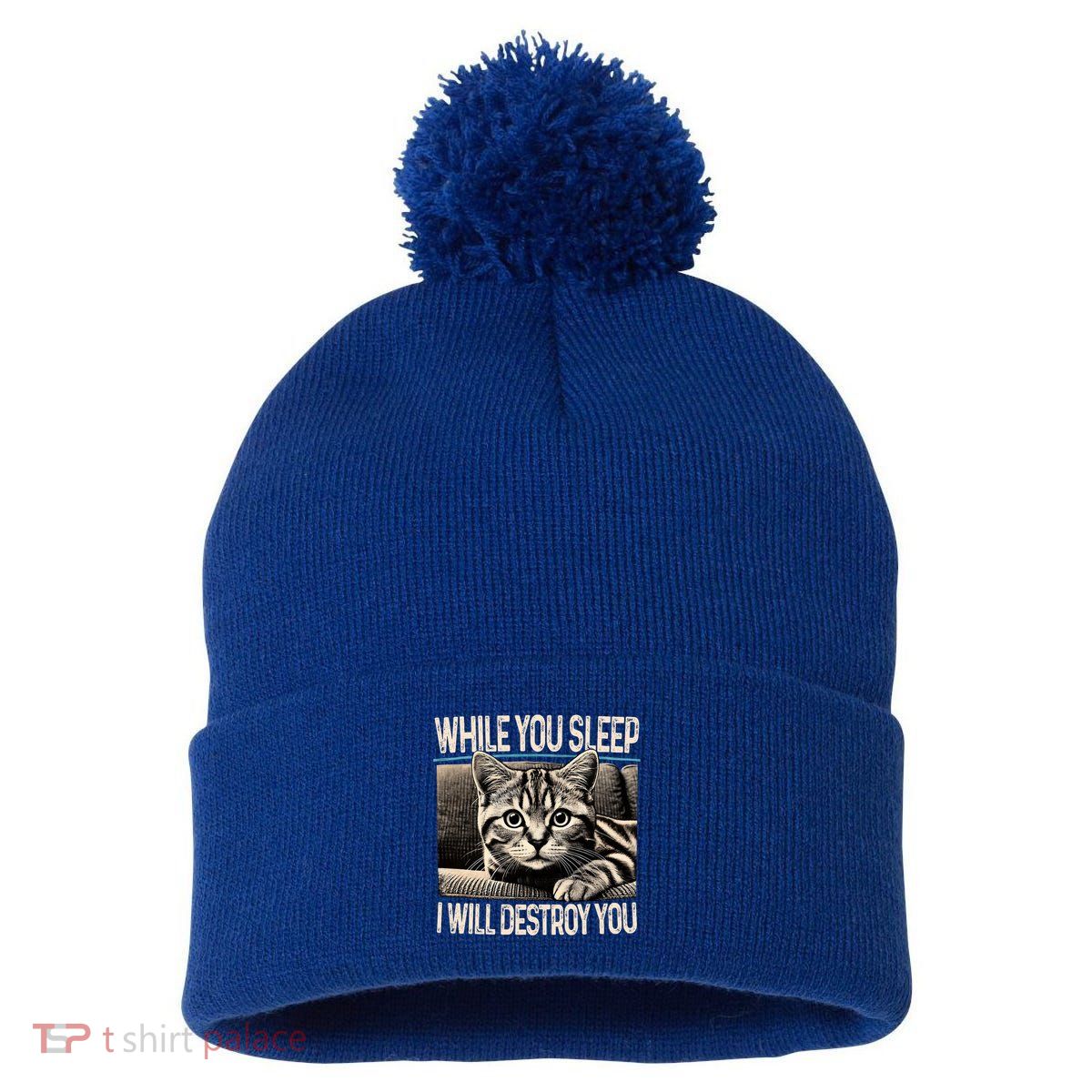 Funny Graphic While You Sleep I Will Destroy You Cat Pom Pom 12in Knit Beanie