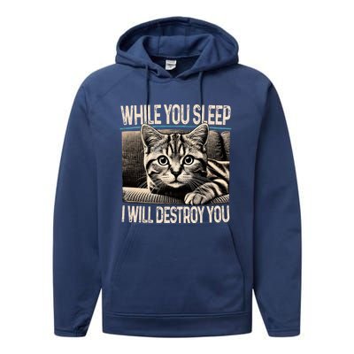 Funny Graphic While You Sleep I Will Destroy You Cat Performance Fleece Hoodie