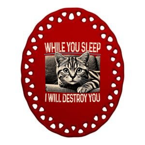 Funny Graphic While You Sleep I Will Destroy You Cat Ceramic Oval Ornament