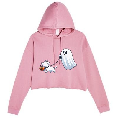 Funny Ghost Walking Dog Ghost Dog Halloween Night Crop Fleece Hoodie